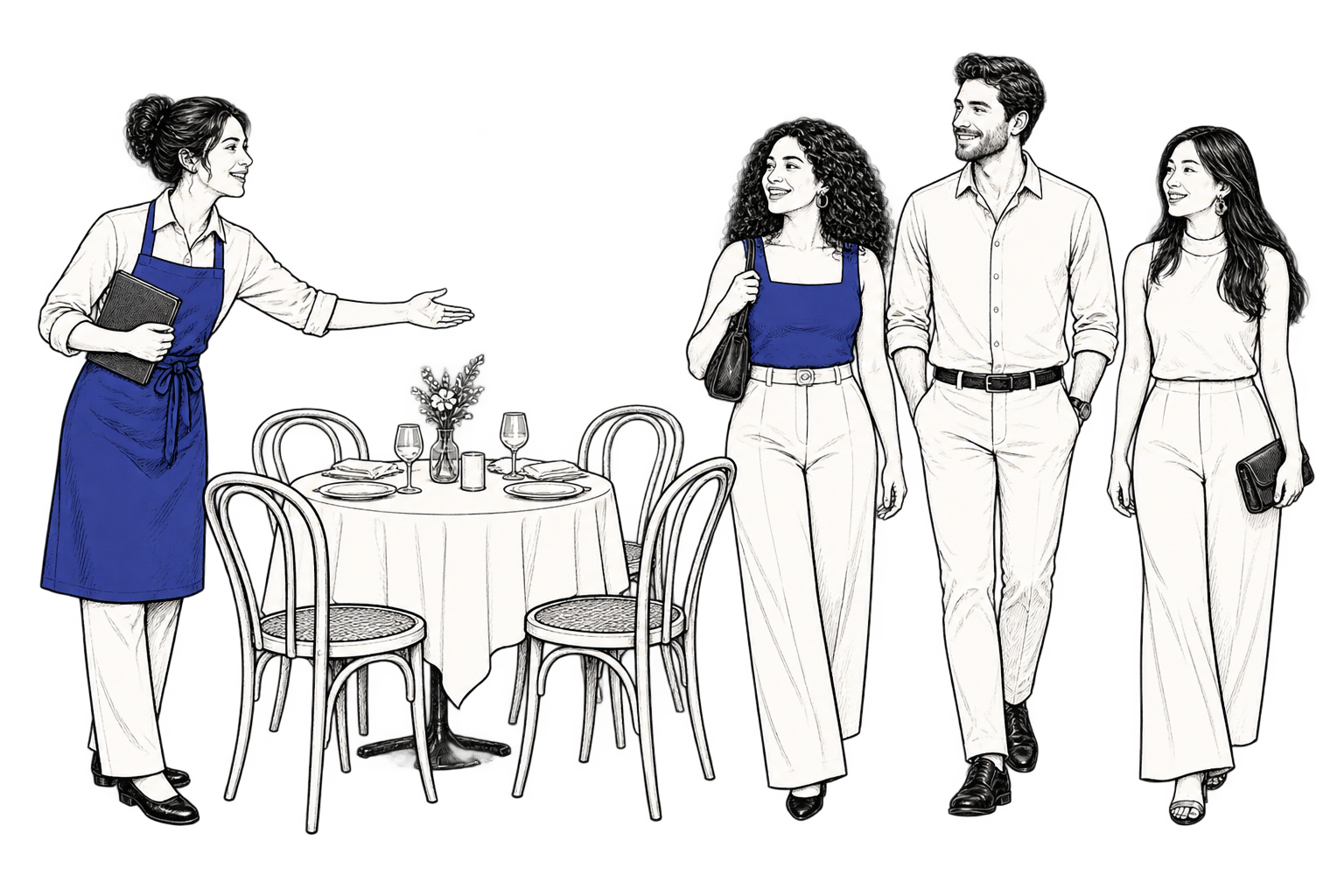 A host welcoming a group to a table